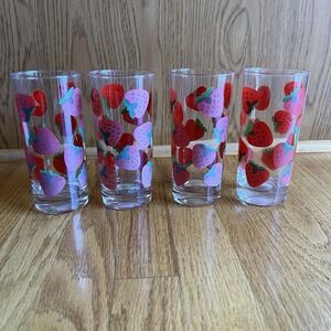 Vintage Colony‎ MCM Strawberry Print Drinking Glass Set of 4 Retro Fruit Tumbler
